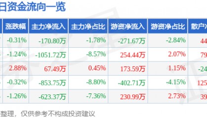 股票行情快报：中捷资源（002021）2月11日主力资金净卖出170.80万元
