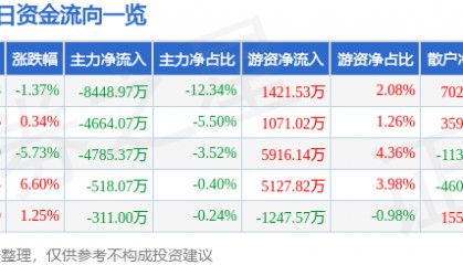 股票行情快报：孚能科技（688567）9月10日主力资金净卖出8448.97万元