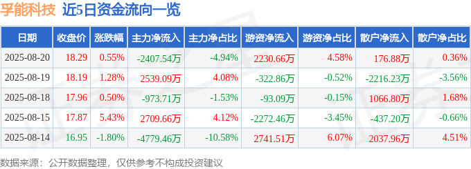 股票行情快报:孚能科技(688567)8月20日主力资金净卖出2407.54万元